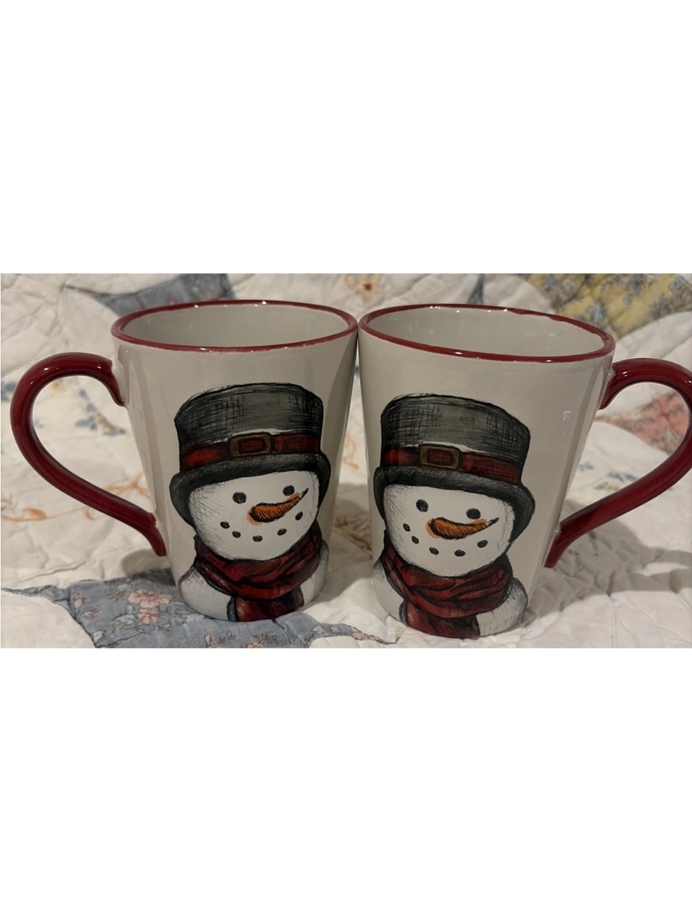 St Nicholas Square Yuletide Snowman Coffee Mugs Red Set of 2 Christmas Ceramic